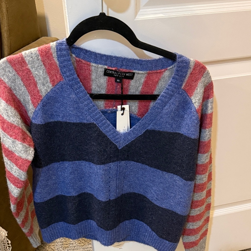 Nwt Central Park West Multicolor Striped V-Neck Sweater